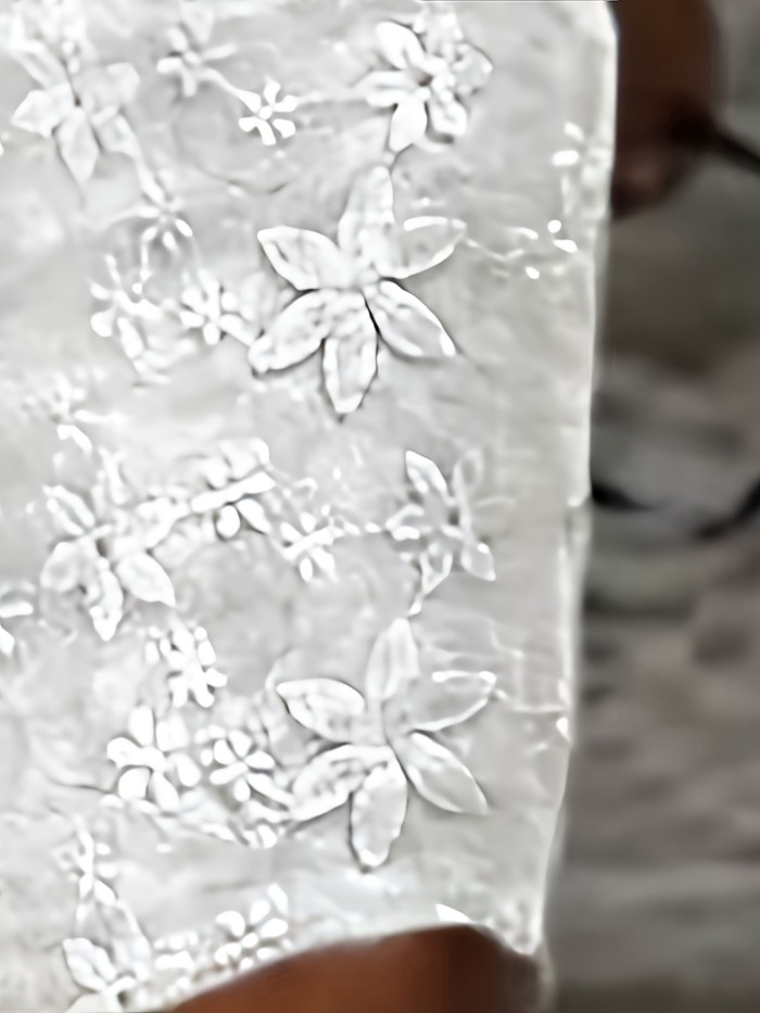 Plus Size Floral Charm - Stylish Casual Dress for Curvy Women - Delicate Embroidery, Contrast Lace Half Sleeves, Comfortable Loose Fit Round Neck Design