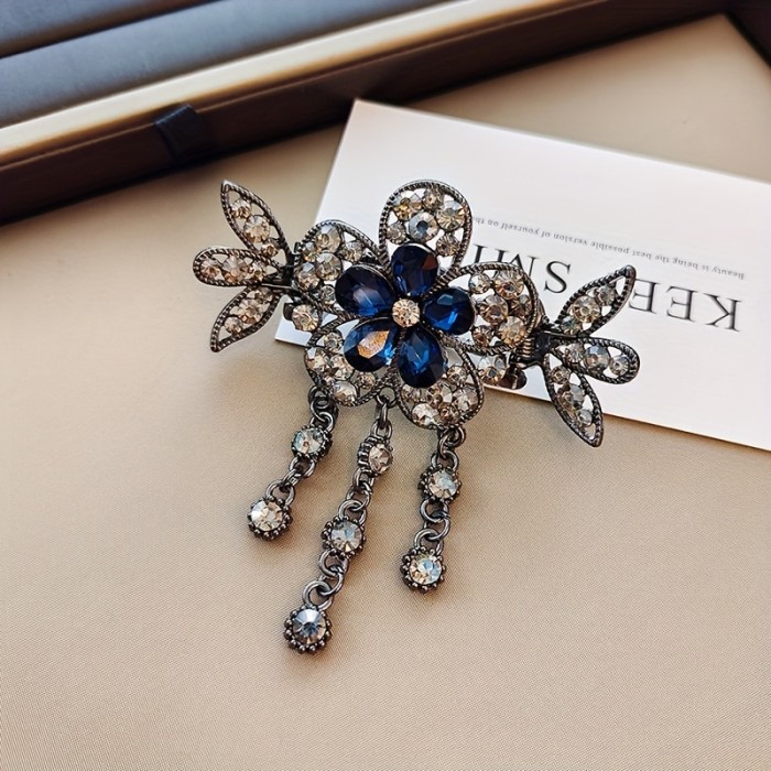 1pc Vintage Glamour Hairpin - Sparkling Rhinestone Flower with Graceful Tassel Decor - Perfect for Banquets & Parties - Elevate Your Hairstyle Accessories