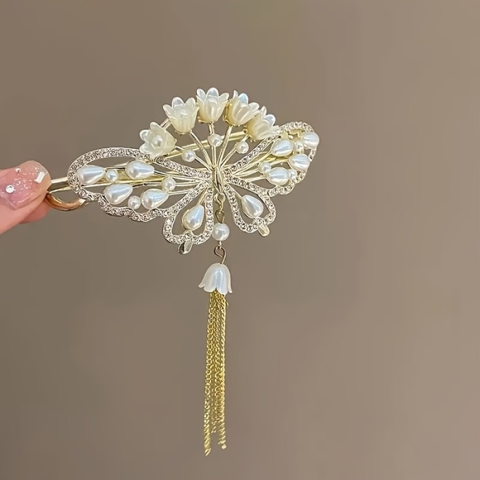 1pc Flowers Zinc Alloy Rhinestone Hair Clip, Chinese Style Tassel Girls Hair Accessories, Suitable For Daily Holiday