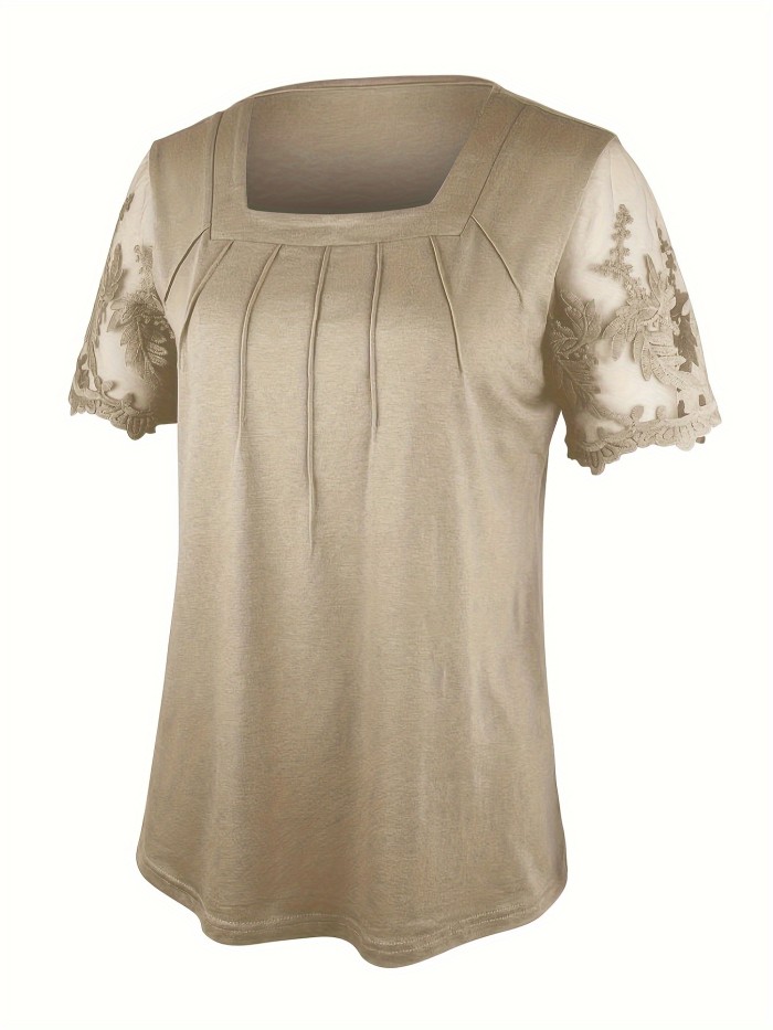 Long Length Elegant Contrast Lace Square Neck Short Sleeve T-Shirt - Soft Mid-Elastic Polyester Fabric, Solid Color, Pullover Style, Regular Fit, Ideal for Spring & Summer - Womens Clothing