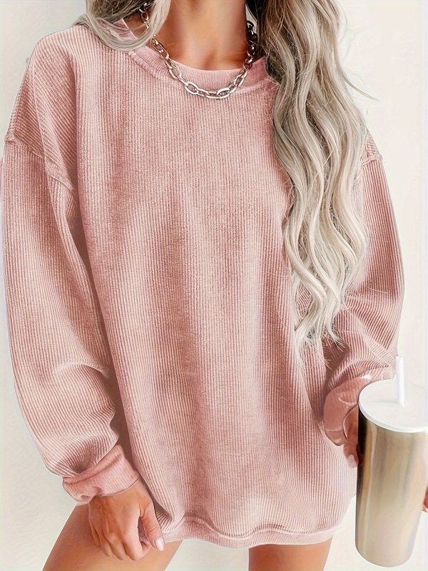 Cozy Womens Ribbed Pullover Sweatshirt - Solid Long Sleeve Crew Neck - Soft Knit Casual Wear for Stylish Fall & Winter - Everyday Essential