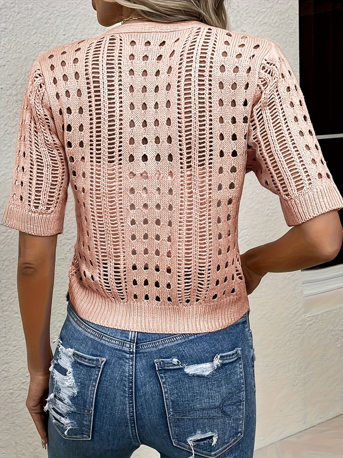 Chic Solid Color V-Neck Cardigan with Button Front & Cut Out Detail - Long Sleeve Knitted Top for Stylish Warmth in Spring & Fall - Womens Essential Wardrobe Addition