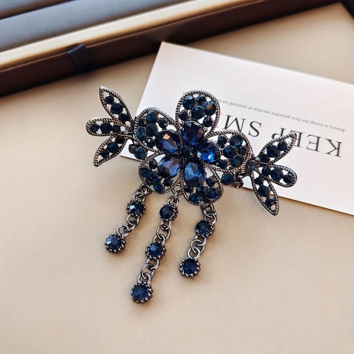 1pc Vintage Glamour Hairpin - Sparkling Rhinestone Flower with Graceful Tassel Decor - Perfect for Banquets & Parties - Elevate Your Hairstyle Accessories