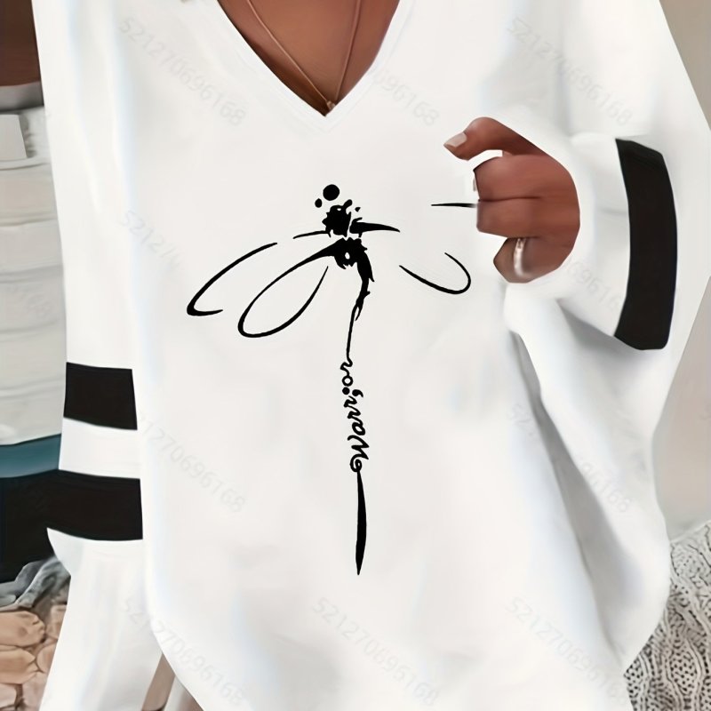 Fashionable Dragonfly Print Womens Sweatshirt - Soft V Neck, Comfortable Long Sleeves, Loose Fit Casual Style - Perfect Everyday Wear for Trendy Ladies