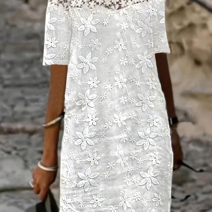 Plus Size Floral Charm - Stylish Casual Dress for Curvy Women - Delicate Embroidery, Contrast Lace Half Sleeves, Comfortable Loose Fit Round Neck Design