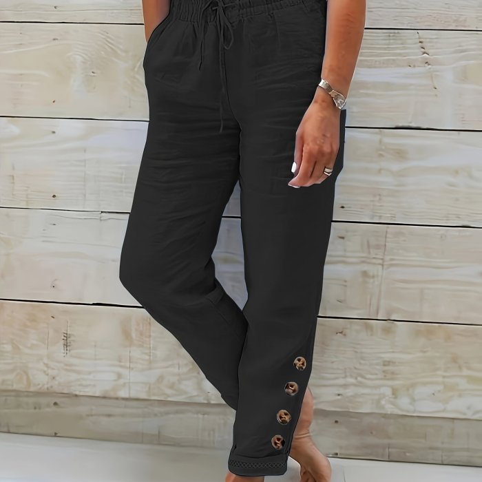 Womens Soft Cotton Blend Drawstring Pants - Trendy Solid Color, Slant Pocket with Button Accent - Comfortable Casual Wear