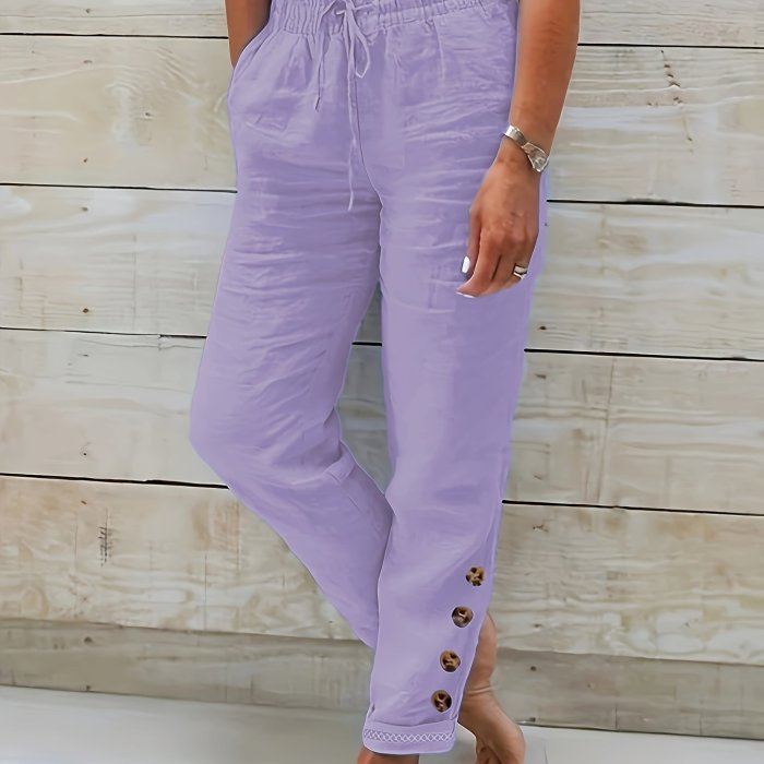 Womens Soft Cotton Blend Drawstring Pants - Trendy Solid Color, Slant Pocket with Button Accent - Comfortable Casual Wear