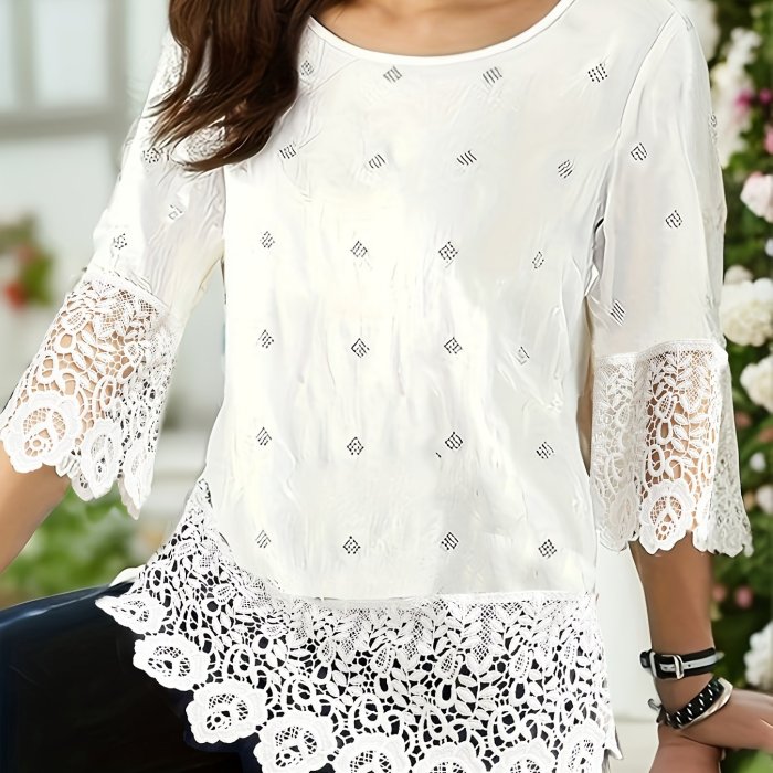 Chic Womens Lace-Trim Blouse - 3\u002F4 Sleeve & Round Neck Design - Perfect for Casual Occasions