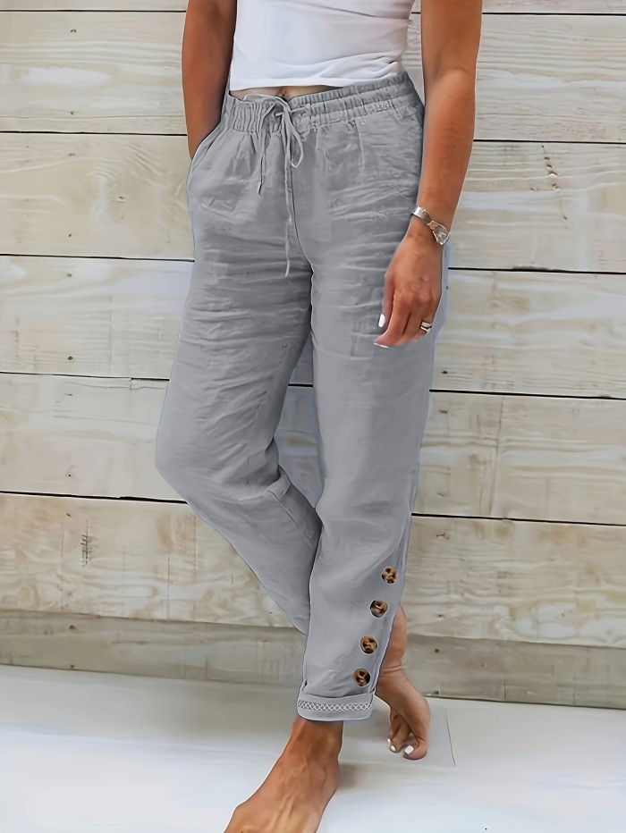 Womens Soft Cotton Blend Drawstring Pants - Trendy Solid Color, Slant Pocket with Button Accent - Comfortable Casual Wear