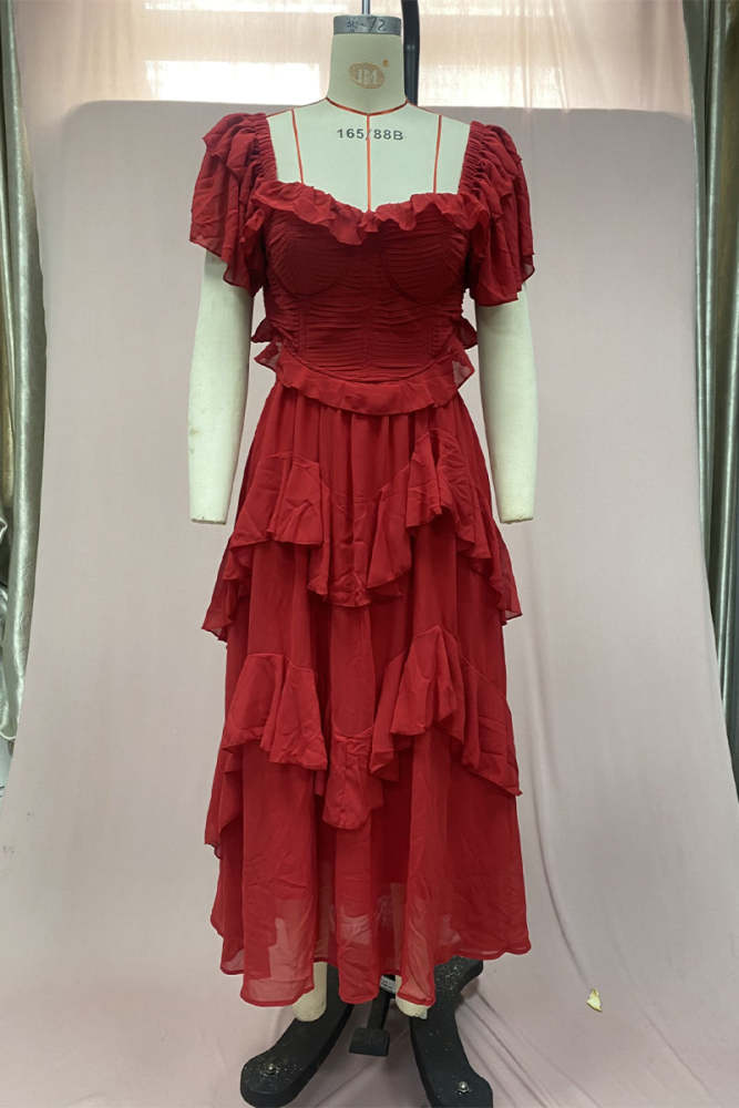 Sexy Solid Color Hollow Out Backless Ruffle Ruched V Neck Irregular Dresses