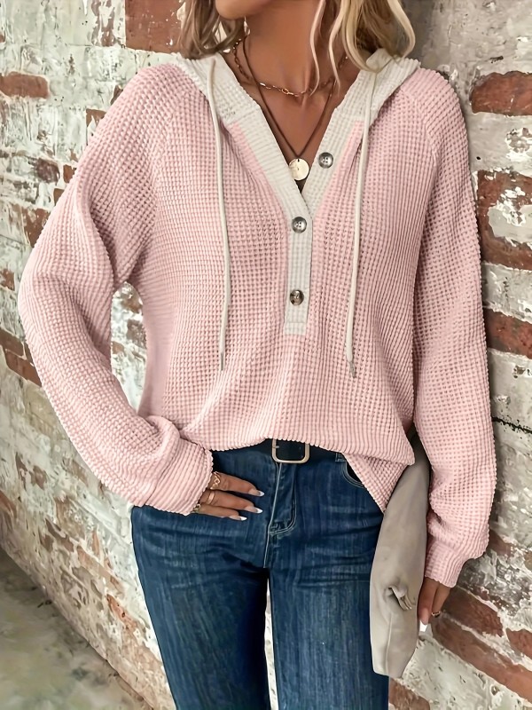 All-Season Casual Hoodie Sweatshirt | Women's Semi-Sheer, Solid Knit | Stretch Fit with Button Detail | Easy-Care