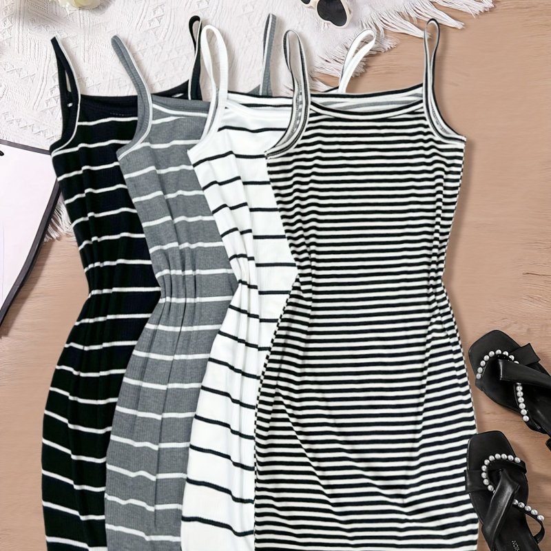 4-Pack Y2K Aesthetic Striped Cami Dresses - Slim-Fit Sleeveless Design, Ideal for Spring & Summer, Chic Womens Fashion