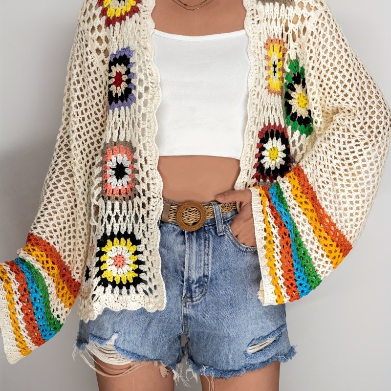 Chic Crochet Cardigan - Stylish Open Front & Hollow Out Detail - Comfy Long Sleeves for Effortless Casual Style - Perfect All-Season Wardrobe Staple for Spring & Fall - Womens Clothing
