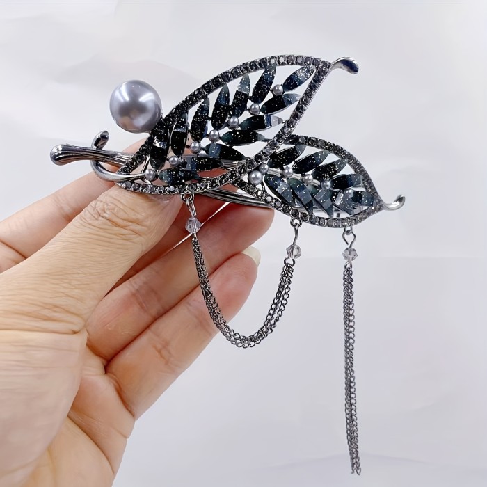 1pc Leaf Tassel Faux Pearl Rhinestone Hair Clip, Zinc Alloy Hair Accessories, Suitable For Girls Daily Use