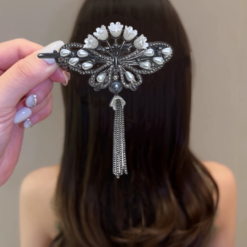 1pc Flowers Zinc Alloy Rhinestone Hair Clip, Chinese Style Tassel Girls Hair Accessories, Suitable For Daily Holiday