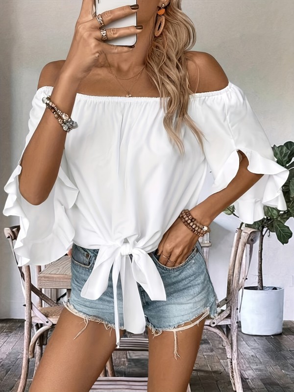 Flirty Ruffle Off-shoulder Blouse - Chic Knot Hem & Three-Quarter Sleeves - Perfect for Spring & Summer - Casual Womens Fashion