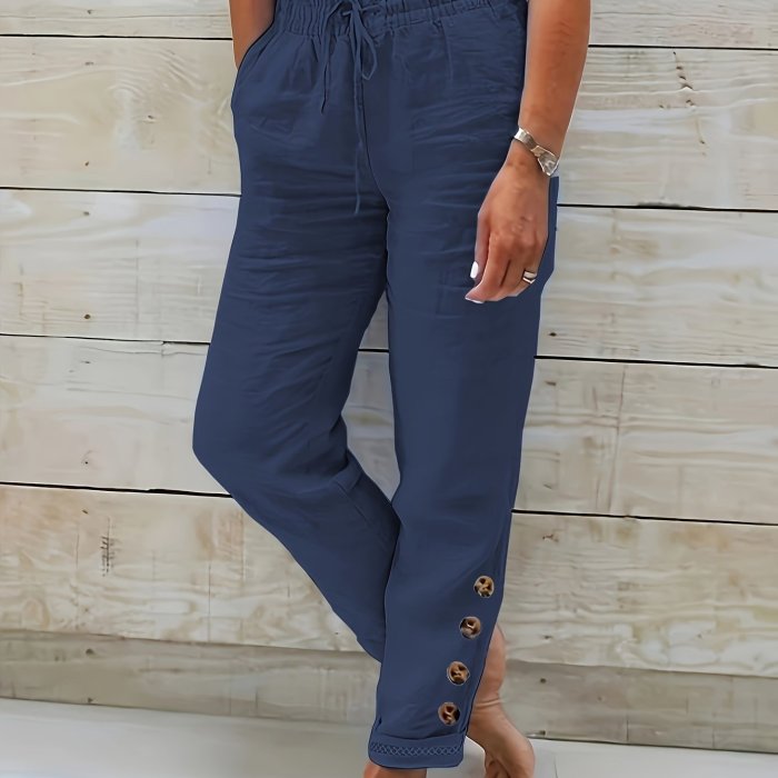Womens Soft Cotton Blend Drawstring Pants - Trendy Solid Color, Slant Pocket with Button Accent - Comfortable Casual Wear