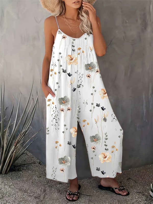 Flirty Floral Cami Jumpsuit - Stylish & Comfortable Sleeveless Romper with Pockets - Perfect for Spring & Summer, Everyday Chic - Womens Fashion Must-Have