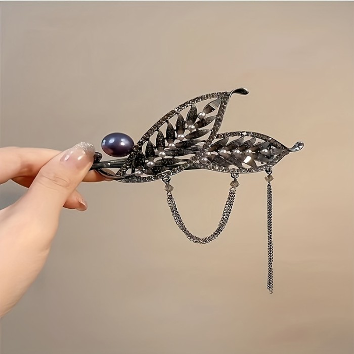 1pc Leaf Tassel Faux Pearl Rhinestone Hair Clip, Zinc Alloy Hair Accessories, Suitable For Girls Daily Use