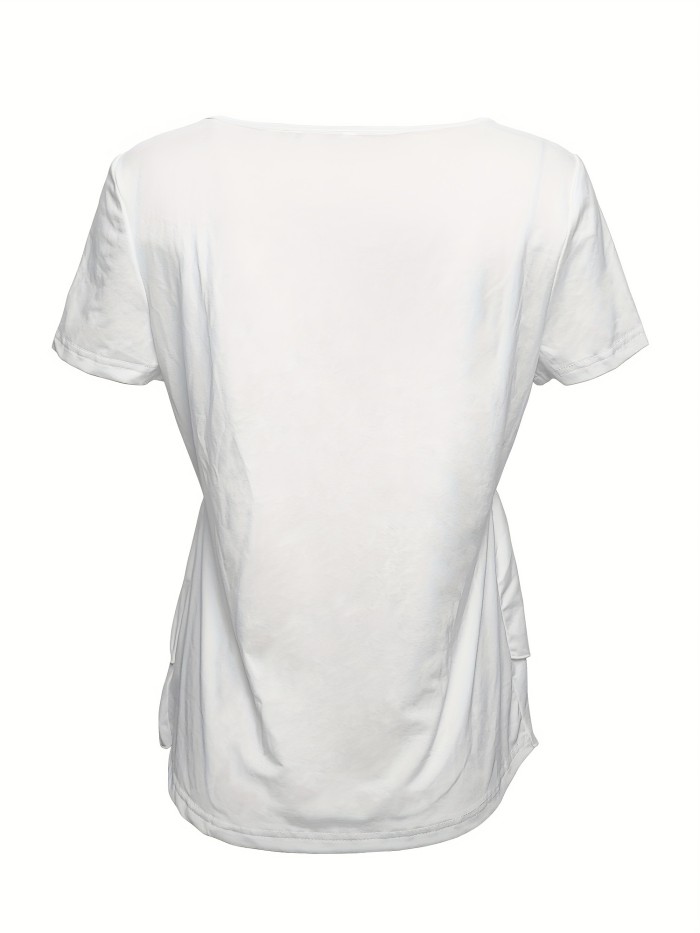 Tiered Top T-Shirt - Classic Crew Neck, Short Sleeve, Button Front, Flare Design for Effortless Casual Style - Ideal for Spring and Summer, Womens Clothing