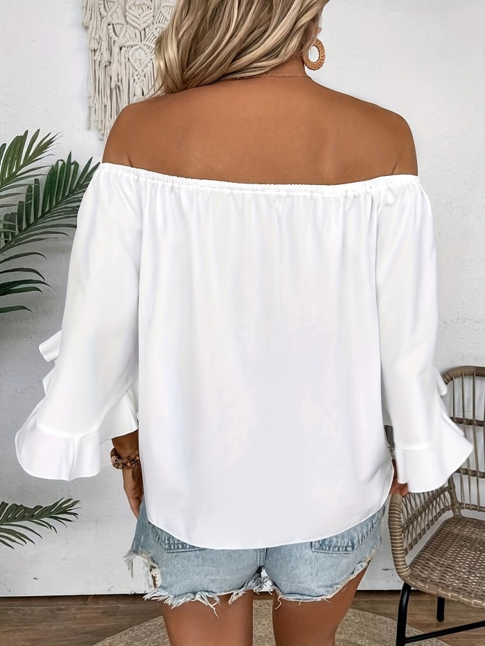 Flirty Ruffle Off-shoulder Blouse - Chic Knot Hem & Three-Quarter Sleeves - Perfect for Spring & Summer - Casual Womens Fashion