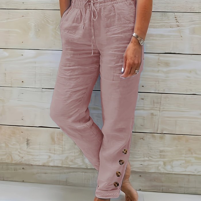 Womens Soft Cotton Blend Drawstring Pants - Trendy Solid Color, Slant Pocket with Button Accent - Comfortable Casual Wear