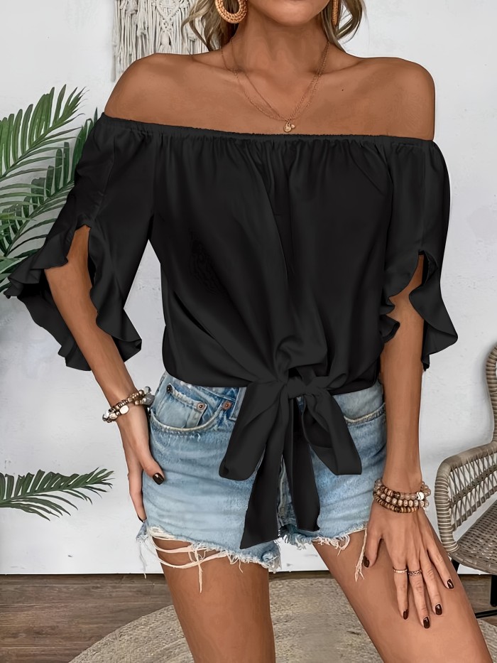 Flirty Ruffle Off-shoulder Blouse - Chic Knot Hem & Three-Quarter Sleeves - Perfect for Spring & Summer - Casual Womens Fashion