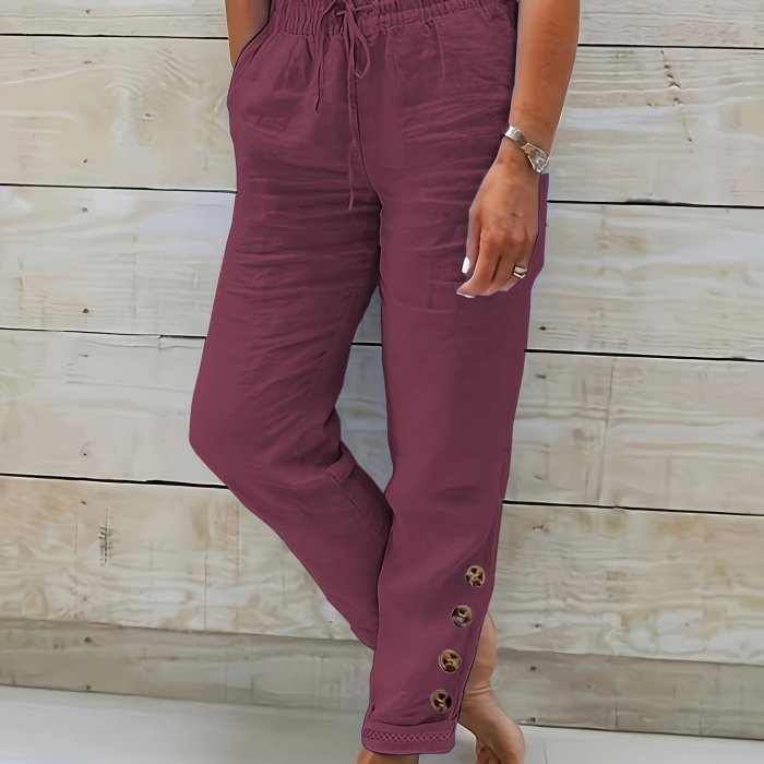 Womens Soft Cotton Blend Drawstring Pants - Trendy Solid Color, Slant Pocket with Button Accent - Comfortable Casual Wear