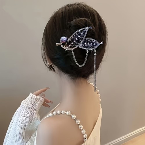 1pc Leaf Tassel Faux Pearl Rhinestone Hair Clip, Zinc Alloy Hair Accessories, Suitable For Girls Daily Use