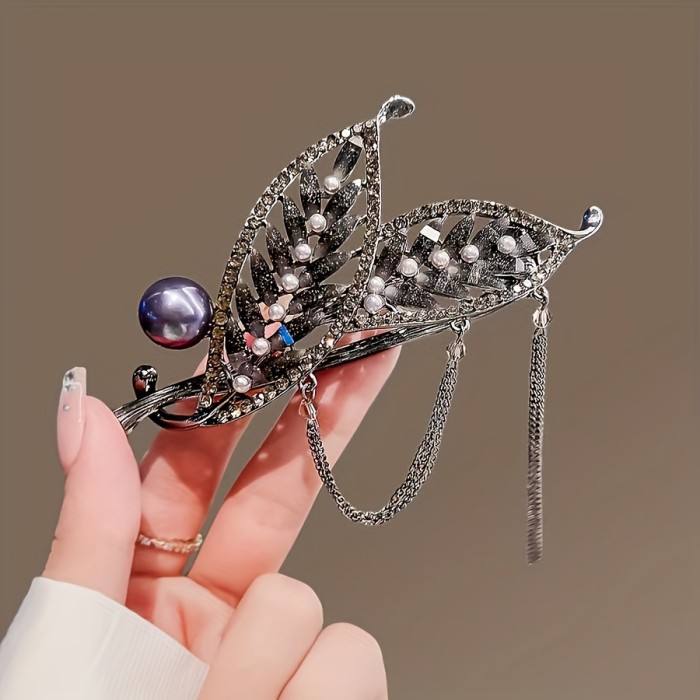 1pc Leaf Tassel Faux Pearl Rhinestone Hair Clip, Zinc Alloy Hair Accessories, Suitable For Girls Daily Use