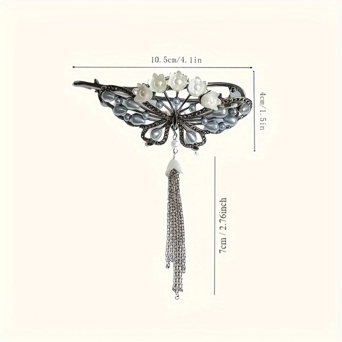 1pc Flowers Zinc Alloy Rhinestone Hair Clip, Chinese Style Tassel Girls Hair Accessories, Suitable For Daily Holiday
