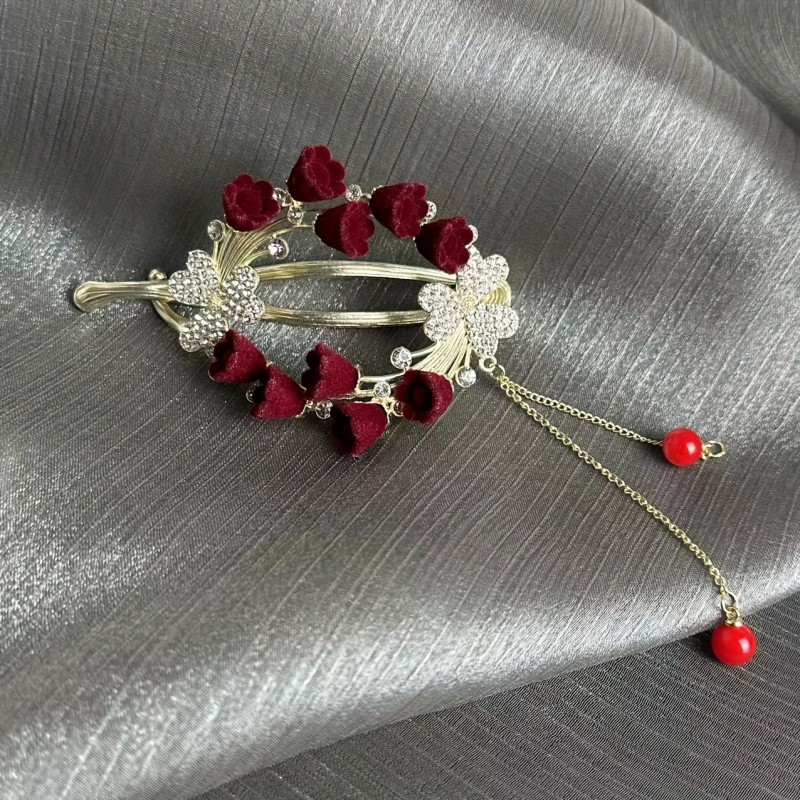 Elegant Bohemian Oval Hair Clip with Tassel, Flowers, and Rhinestone Accents - Alloy Material, Color Matching, Single Piece Women's Hair Accessory for Parties and Everyday Wear, Suitable for Ages 14+