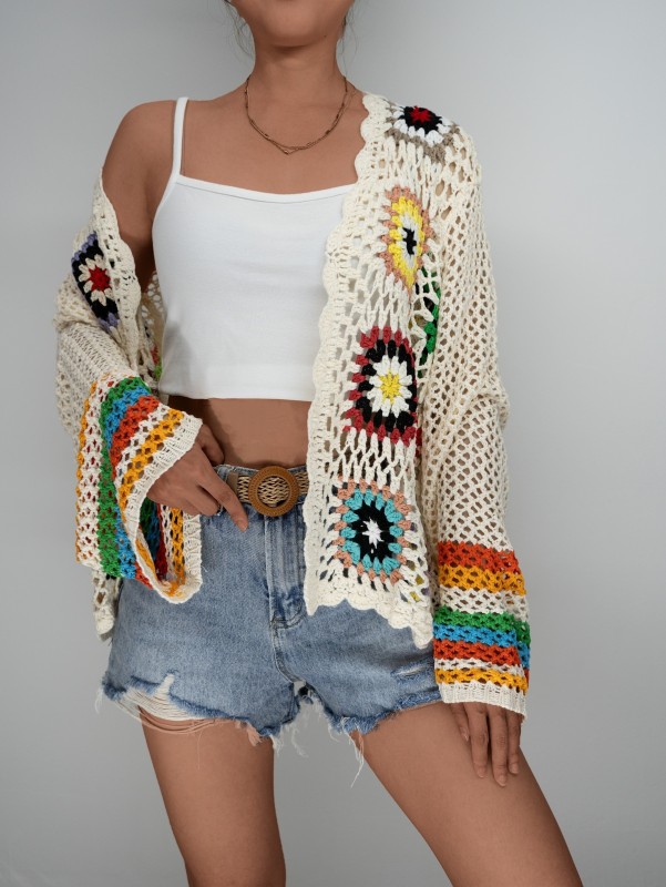 Chic Crochet Cardigan - Stylish Open Front & Hollow Out Detail - Comfy Long Sleeves for Effortless Casual Style - Perfect All-Season Wardrobe Staple for Spring & Fall - Womens Clothing