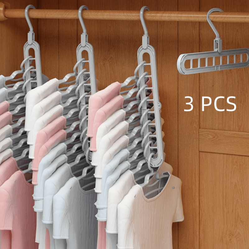 3-Pack Heavy Duty Foldable Plastic Hanger Set - 9-Hole Space Saver for Closet, Wardrobe, Home & Dorm - Premium Organizer, Durable & Versatile Storage Solution