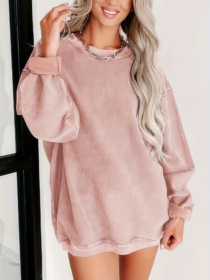 Cozy Womens Ribbed Pullover Sweatshirt - Solid Long Sleeve Crew Neck - Soft Knit Casual Wear for Stylish Fall & Winter - Everyday Essential