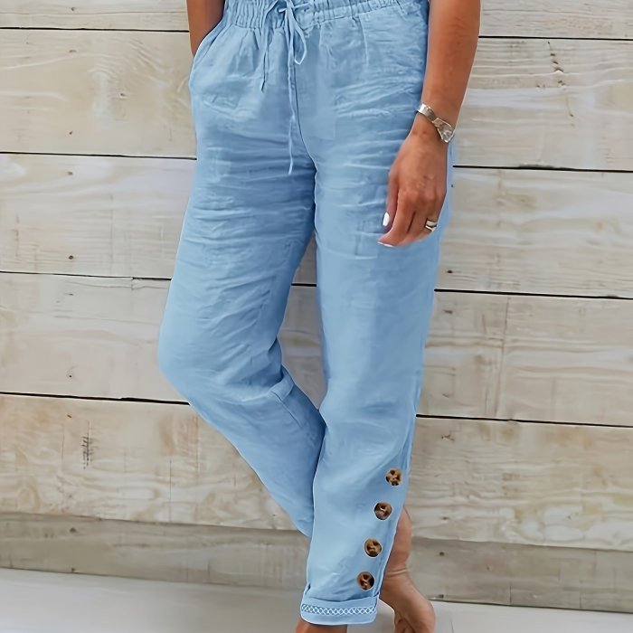 Womens Soft Cotton Blend Drawstring Pants - Trendy Solid Color, Slant Pocket with Button Accent - Comfortable Casual Wear
