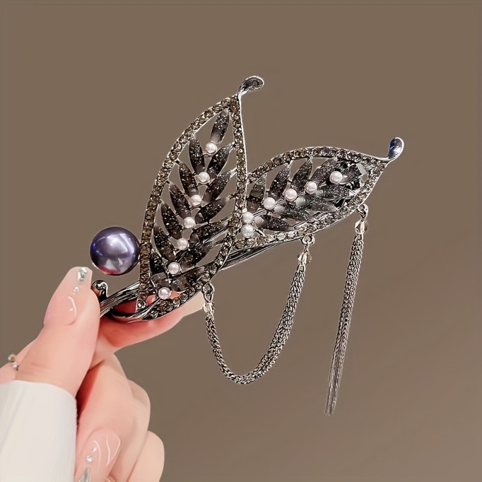 1pc Leaf Tassel Faux Pearl Rhinestone Hair Clip, Zinc Alloy Hair Accessories, Suitable For Girls Daily Use