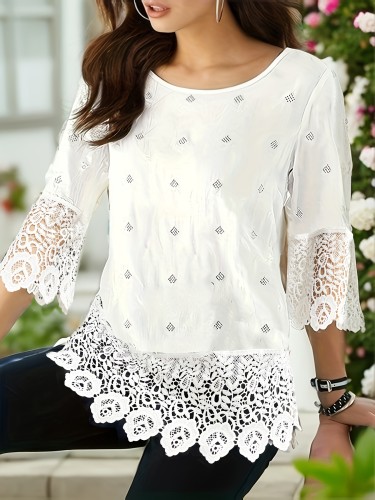 Chic Womens Lace-Trim Blouse - 3\u002F4 Sleeve & Round Neck Design - Perfect for Casual Occasions