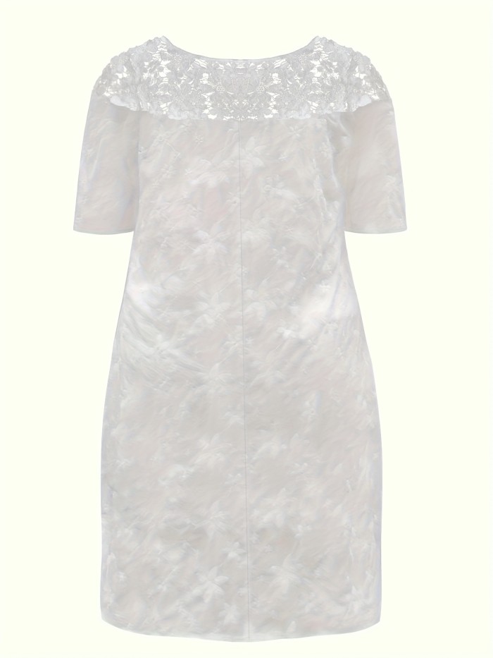 Plus Size Floral Charm - Stylish Casual Dress for Curvy Women - Delicate Embroidery, Contrast Lace Half Sleeves, Comfortable Loose Fit Round Neck Design