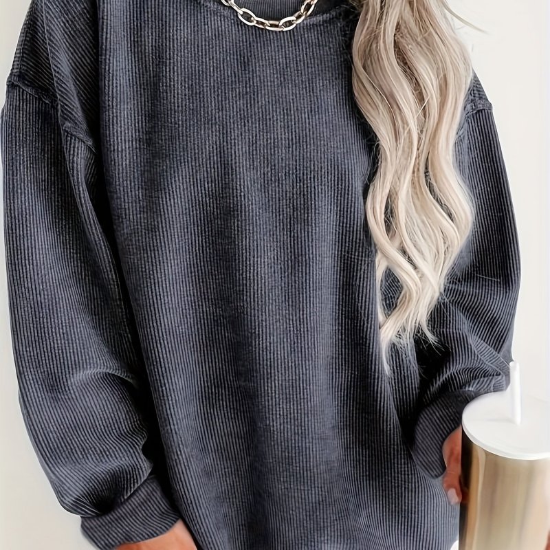 Cozy Womens Ribbed Pullover Sweatshirt - Solid Long Sleeve Crew Neck - Soft Knit Casual Wear for Stylish Fall & Winter - Everyday Essential