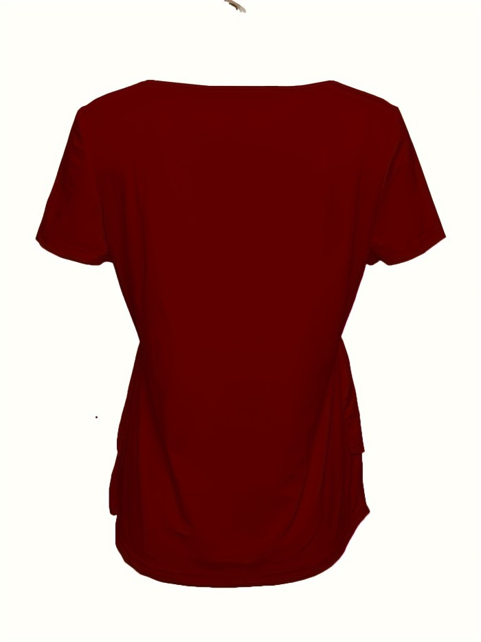 Tiered Top T-Shirt - Classic Crew Neck, Short Sleeve, Button Front, Flare Design for Effortless Casual Style - Ideal for Spring and Summer, Womens Clothing