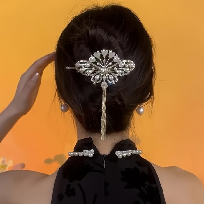 1pc Flowers Zinc Alloy Rhinestone Hair Clip, Chinese Style Tassel Girls Hair Accessories, Suitable For Daily Holiday