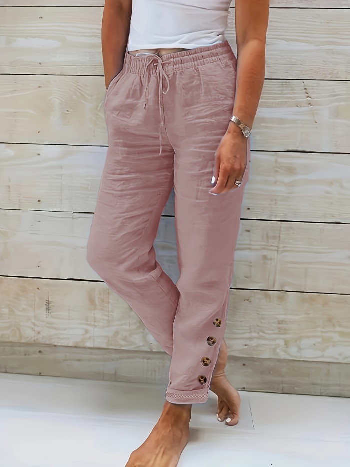 Womens Soft Cotton Blend Drawstring Pants - Trendy Solid Color, Slant Pocket with Button Accent - Comfortable Casual Wear