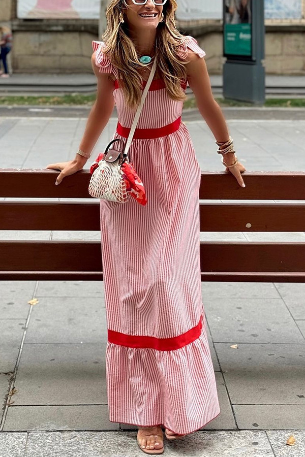 Class and Charm Striped Colorblock Strap Shoulder Maxi Dress