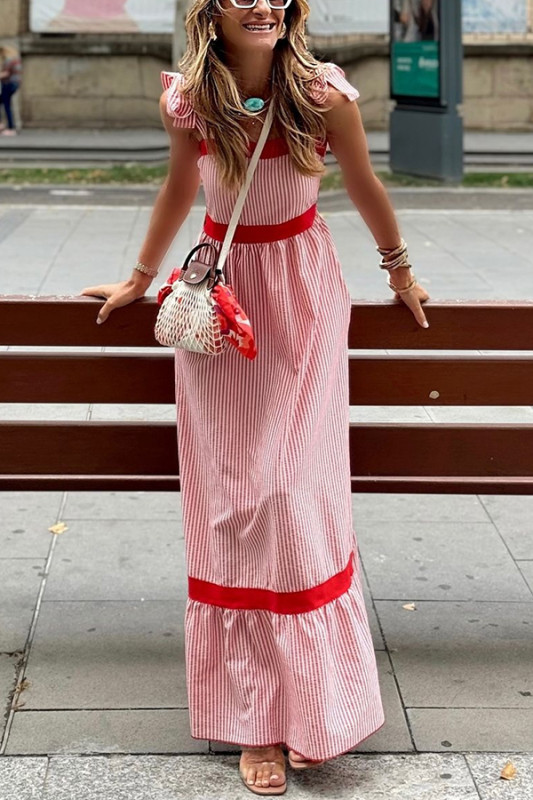 Class and Charm Striped Colorblock Strap Shoulder Maxi Dress