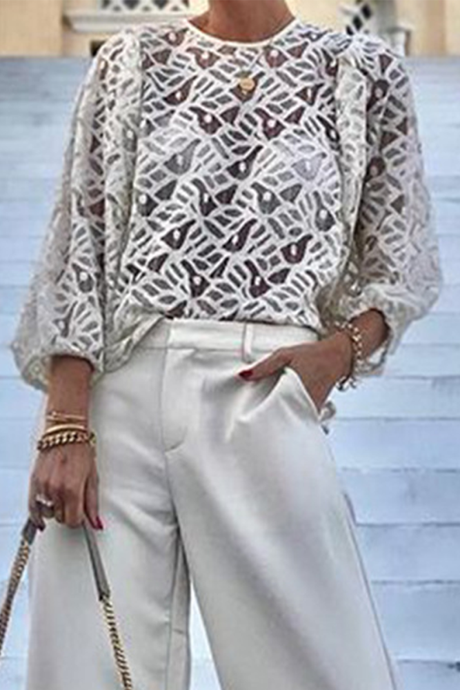 Casual Solid Color Lace Up See-Through O Neck Tops