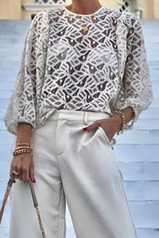 Casual Solid Color Lace Up See-Through O Neck Tops