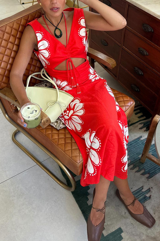 Summer Embrace Linen Blend Floral Print Drawstring Cutout Detail Midi Dress