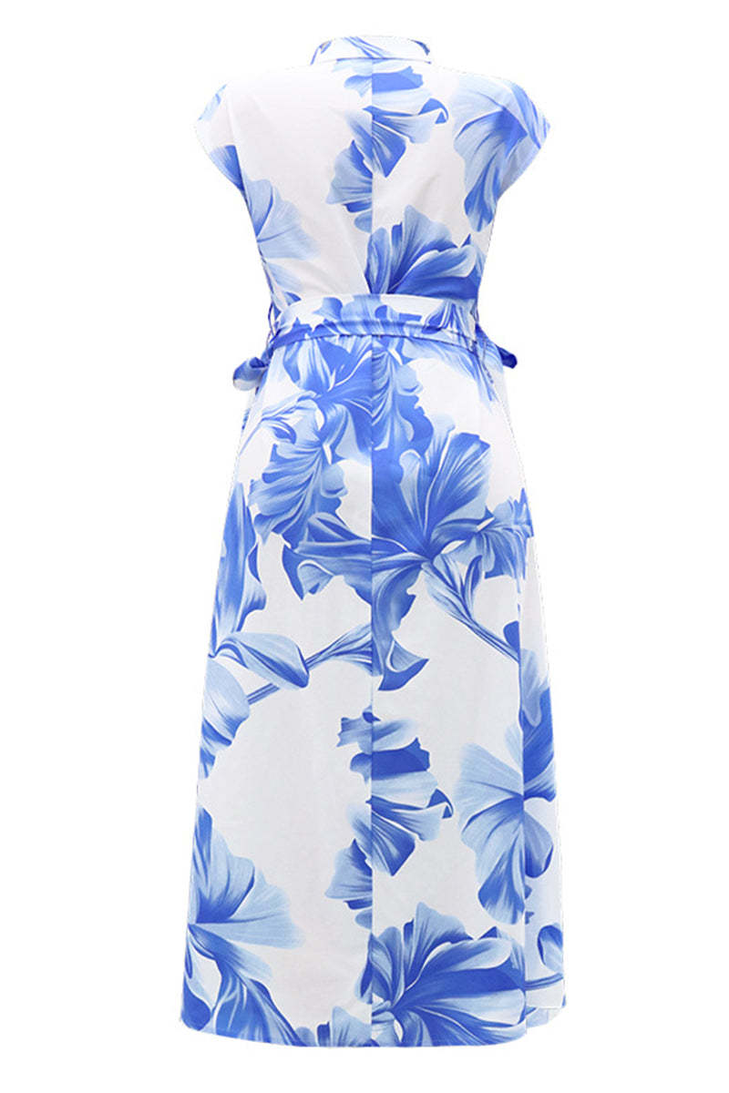 Floral Print Button Collar Drawstring Cotton Casual Pockets Women Midi Dress main image 1