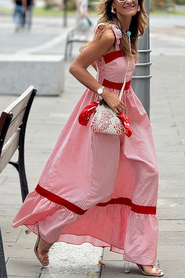 Class and Charm Striped Colorblock Strap Shoulder Maxi Dress